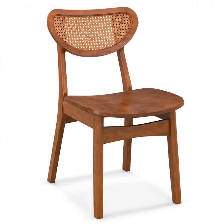 Wooden dining chair with breathable mesh cane backrest in walnut finish, featuring a sturdy rubber wood frame for.