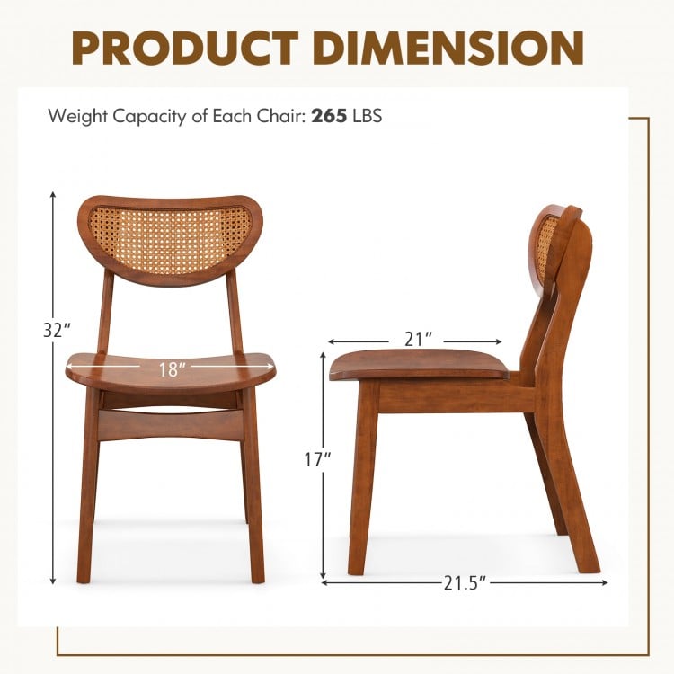 Dimensions of a wooden dining chair with breathable mesh cane backrest, walnut finish, weight capacity 265 lbs.