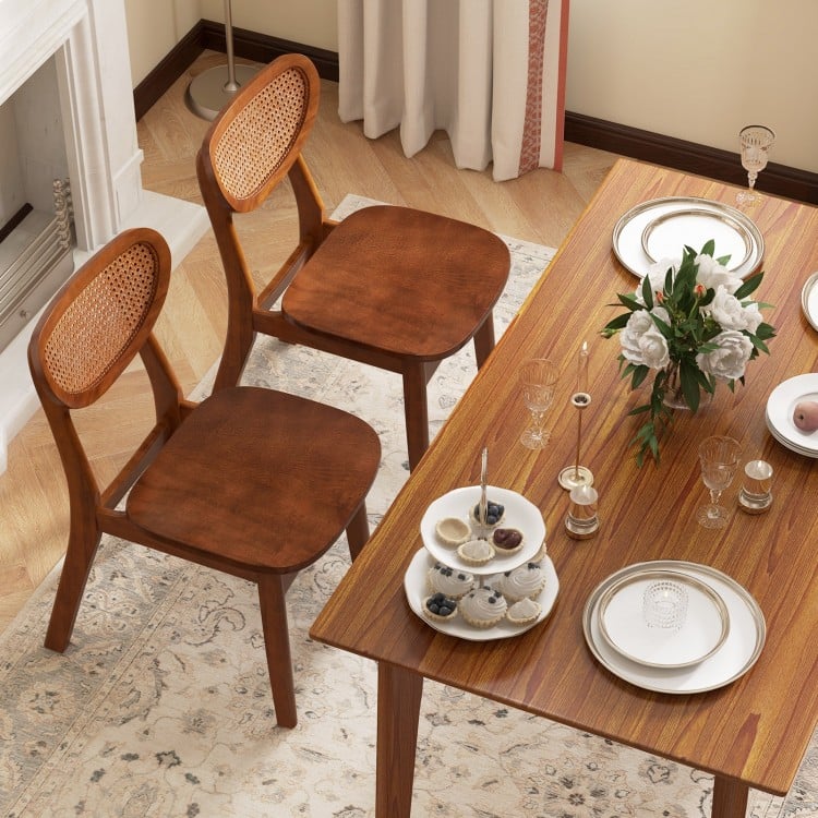 Wooden dining chair set of 2 with walnut finish and breathable cane backrest, perfect for rustic farmhouse decor.