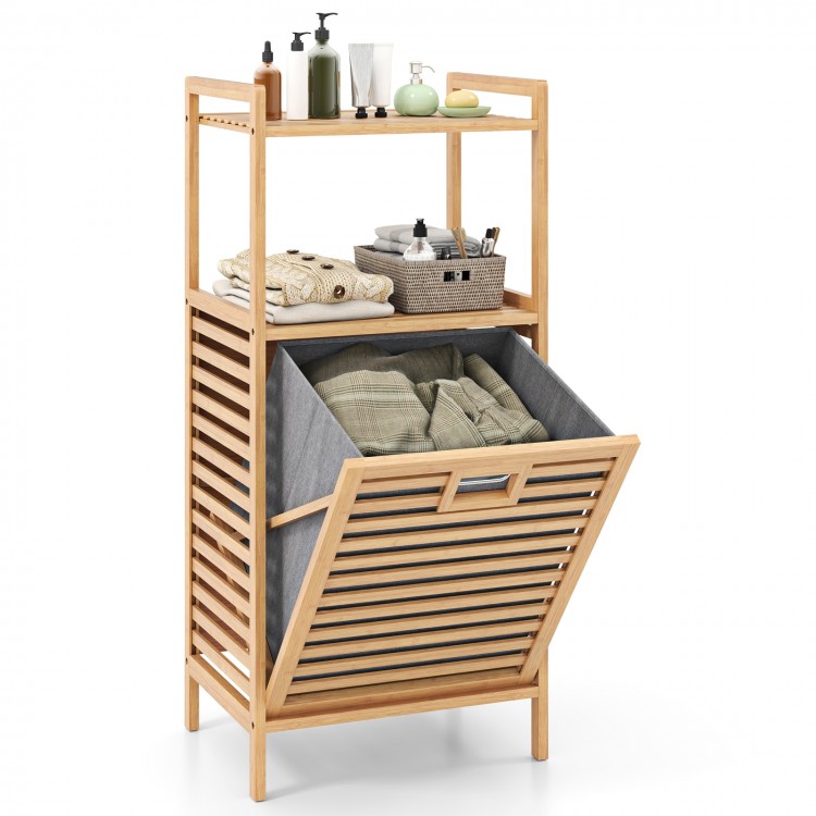 Bamboo tilt-out laundry hamper with removable basket and two shelves for toiletries, perfect for bathrooms and laundry.