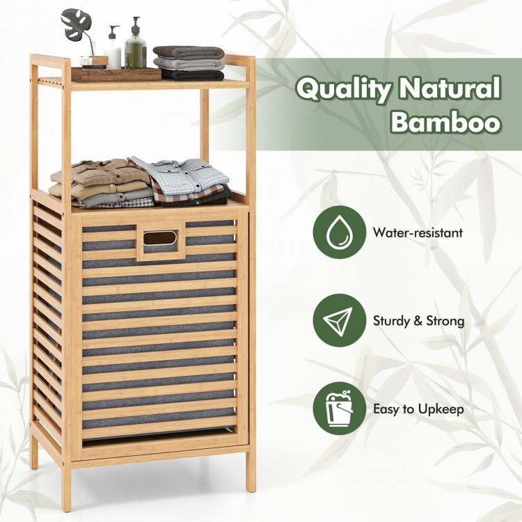 Bamboo tilt-out laundry hamper with removable basket, sturdy design, and two shelves for toiletries, ideal for.