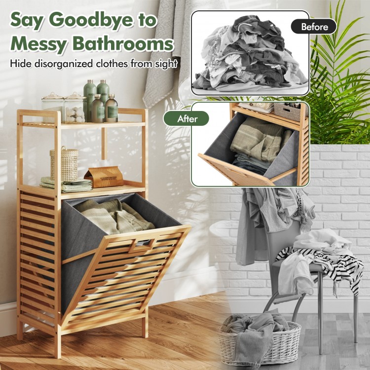 Bamboo tilt-out laundry hamper with removable basket and shelves, perfect for organizing clothes in bathrooms.