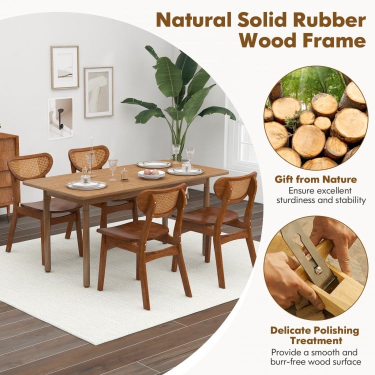 Wooden dining chair set of 2 with breathable mesh cane backrest in walnut finish, perfect for rustic farmhouse decor.