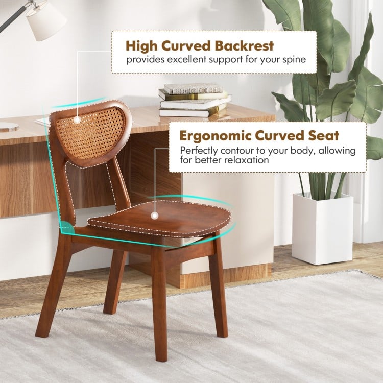 Wooden dining chair featuring a breathable mesh cane backrest and ergonomic curved seat for comfortable relaxation.
