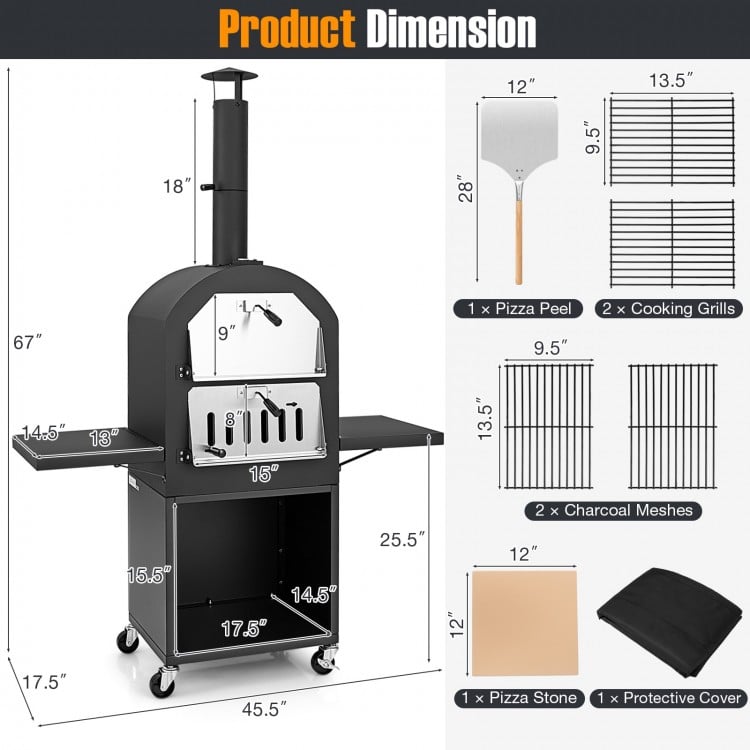 Outdoor pizza oven with built-in thermometer, grill racks, and protective cover, ideal for barbecues and outdoor.
