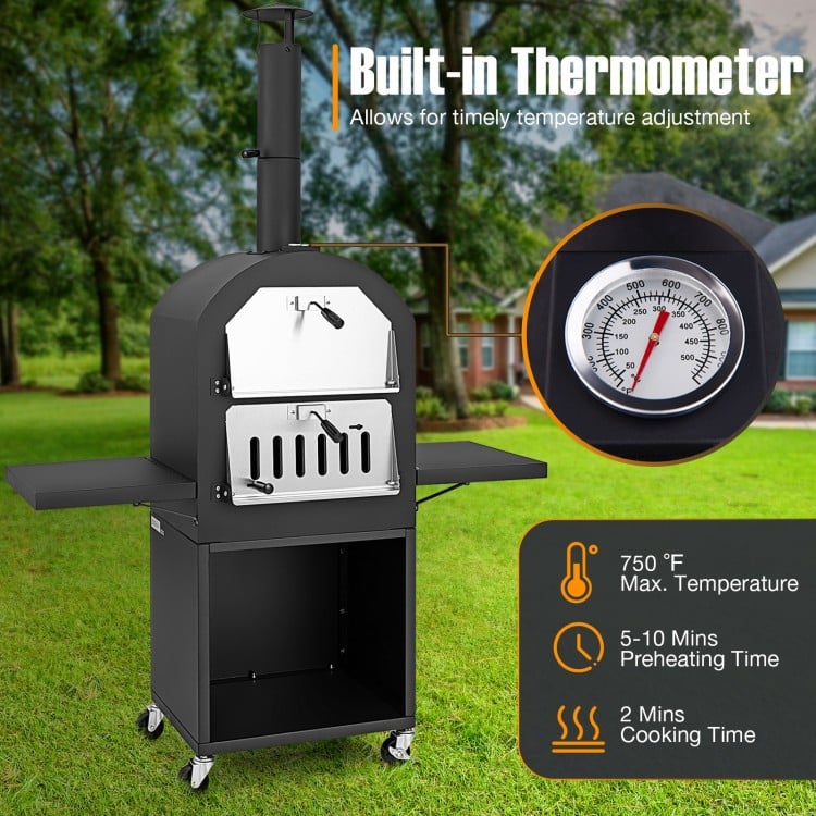 Outdoor pizza oven with built-in thermometer, side shelves, and protective cover, perfect for outdoor cooking.