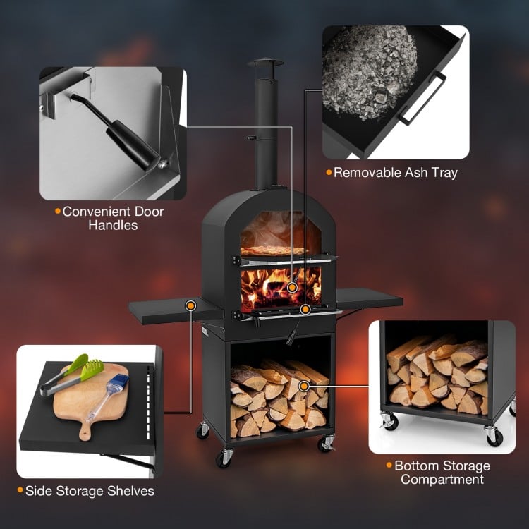 Outdoor pizza oven with built-in thermometer, side shelves, and removable ash tray, perfect for outdoor cooking.