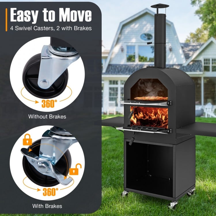 Outdoor pizza oven featuring 4 swivel casters, 2 with brakes, for easy mobility and convenient outdoor cooking.
