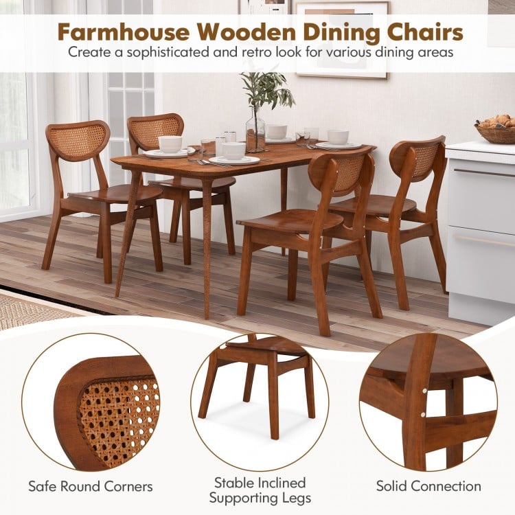 Wooden dining chair set with breathable mesh cane backrest in walnut finish, featuring stable legs and safe round.