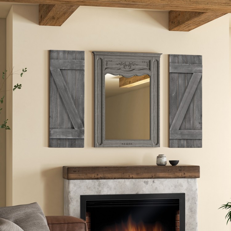 Farmhouse-style dark gray paulownia wood window shutters set of 2, wall-mounted for decorative window accents.
