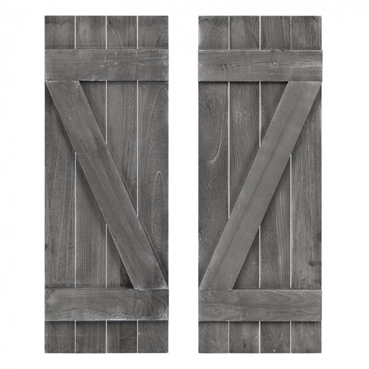 Dark gray farmhouse-style window shutters set of 2, handcrafted from durable paulownia wood for charming decor.