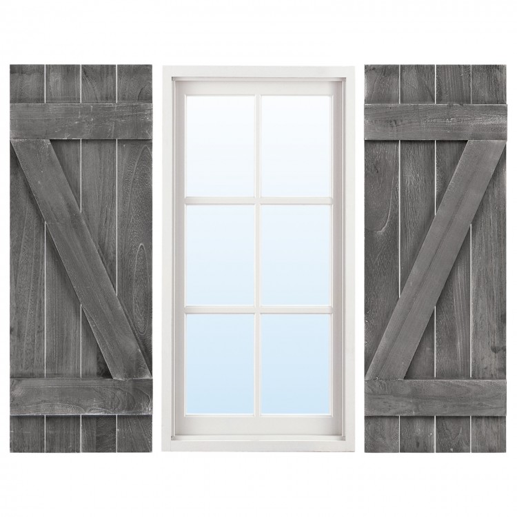 Dark gray farmhouse window shutters made of durable paulownia wood, perfect for decorative window accents.