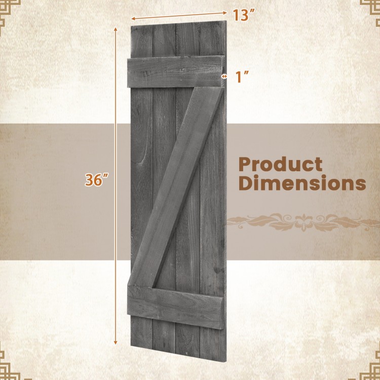 Dark gray farmhouse style window shutter measuring 36 x 13 inches, handcrafted from durable paulownia wood for.