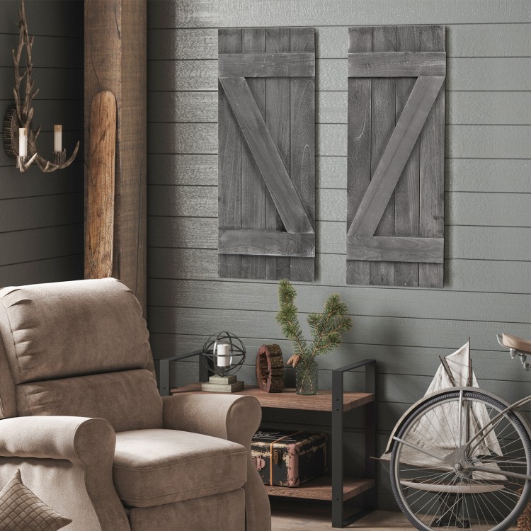 Dark gray farmhouse-style window shutters set of 2, handcrafted from durable paulownia wood, perfect for wall.