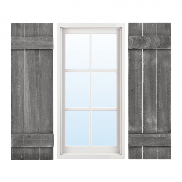 Dark gray farmhouse-style window shutters set of 2, handcrafted from durable paulownia wood, perfect for window.