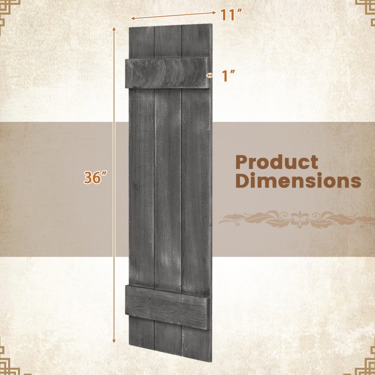 Dark gray farmhouse-style window shutter measuring 36 x 11 inches, handcrafted from durable paulownia wood for.