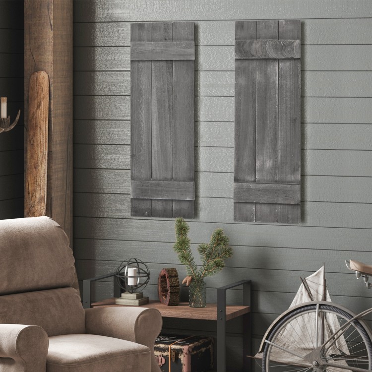 Dark gray farmhouse-style window shutters set of 2, handcrafted from durable paulownia wood for charming decor.