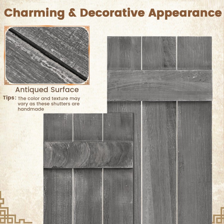 Handcrafted dark gray farmhouse window shutters set of 2, featuring unique antiqued surfaces for decorative appeal.