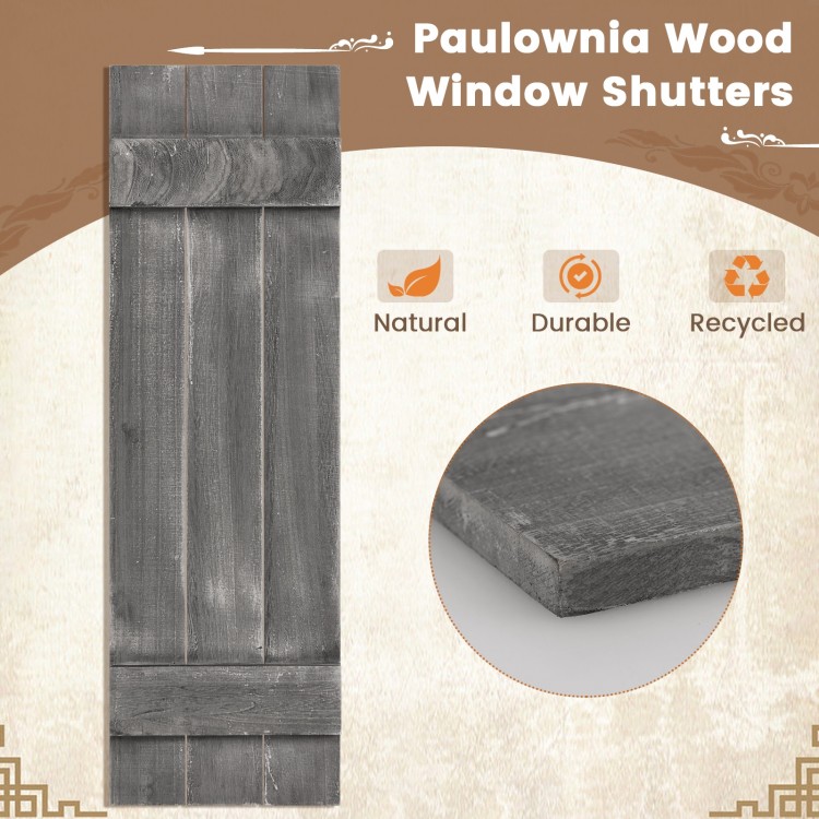 Dark gray farmhouse Paulownia wood window shutter, handcrafted, durable, ideal for porch or living room decoration.