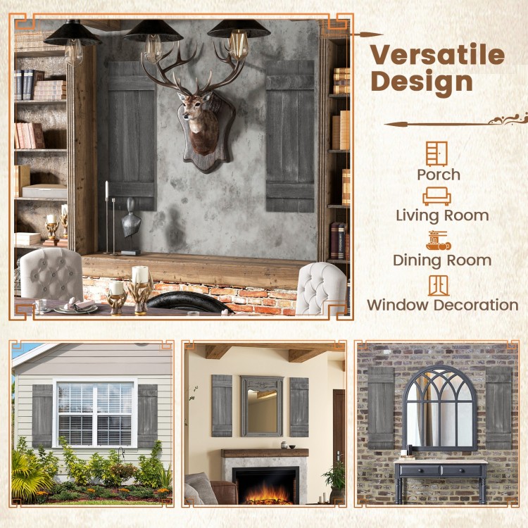 Dark gray farmhouse window shutters set of 2, handcrafted from durable paulownia wood, perfect for versatile home decor.