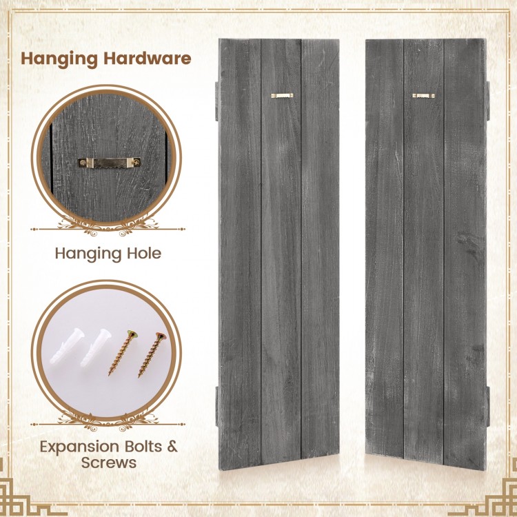 Dark gray farmhouse window shutters set of 2, handcrafted paulownia wood with hanging hardware for wall mounting.