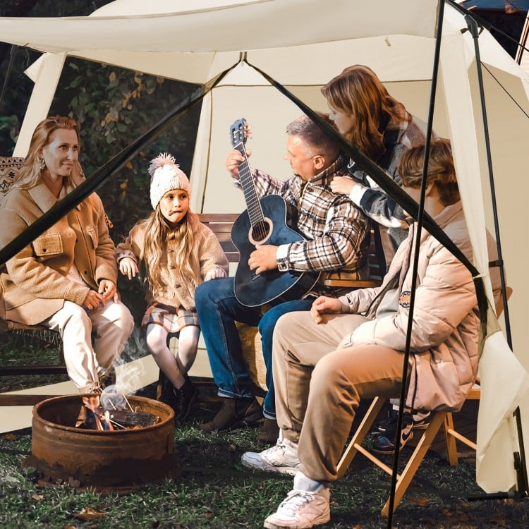 Screened canopy tent with zippered door, beige, accommodating 6-8 people, ideal for camping and outdoor activities.