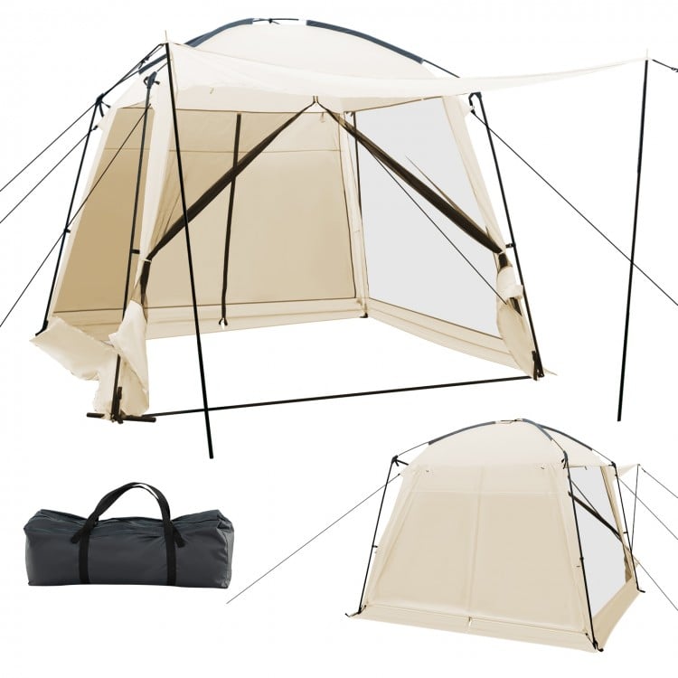 Beige 10 x 10 feet screened canopy tent with zippered door and vestibule, ideal for camping and outdoor activities.