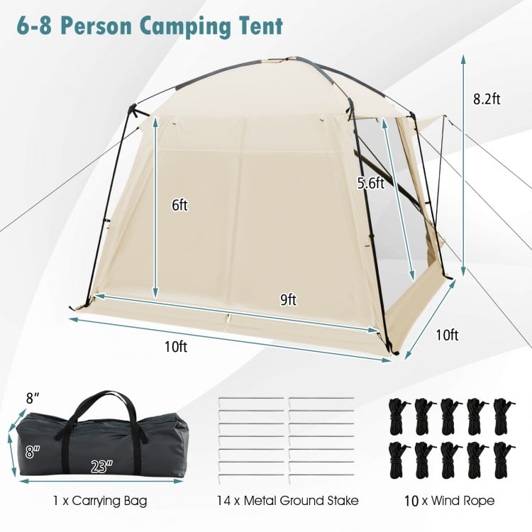Beige 10 x 10 feet screened canopy tent with zippered door, suitable for 6-8 people, ideal for camping and outdoor.