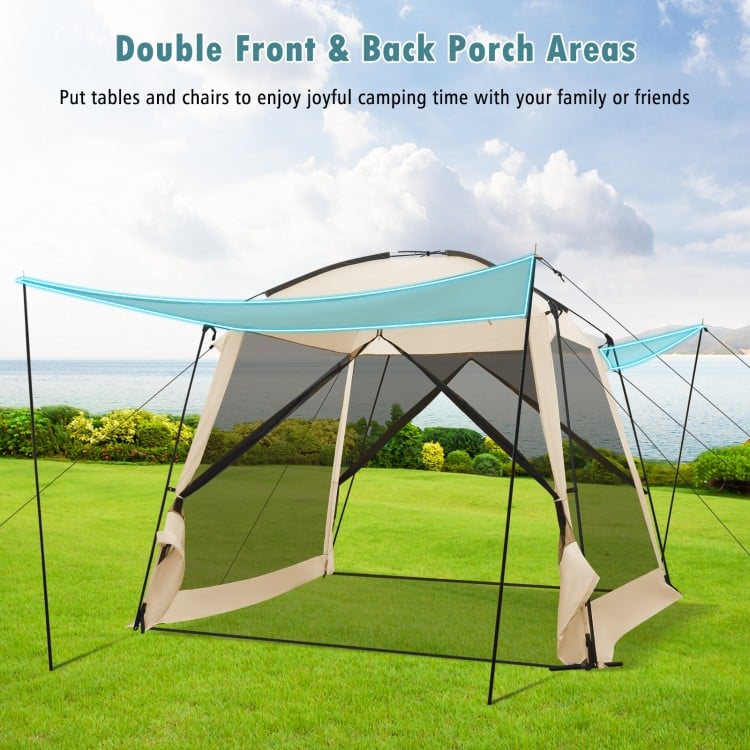 Screened canopy tent with vestibule and zippered door, beige, suitable for 6-8 people, ideal for camping and outdoor.
