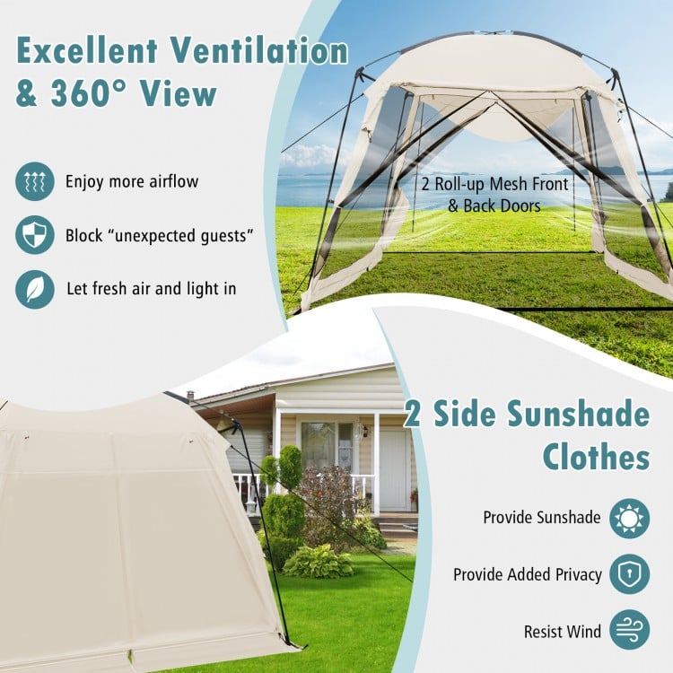 Beige 10 x 10 feet screened canopy tent with zippered door and mesh walls, ideal for camping and outdoor activities.