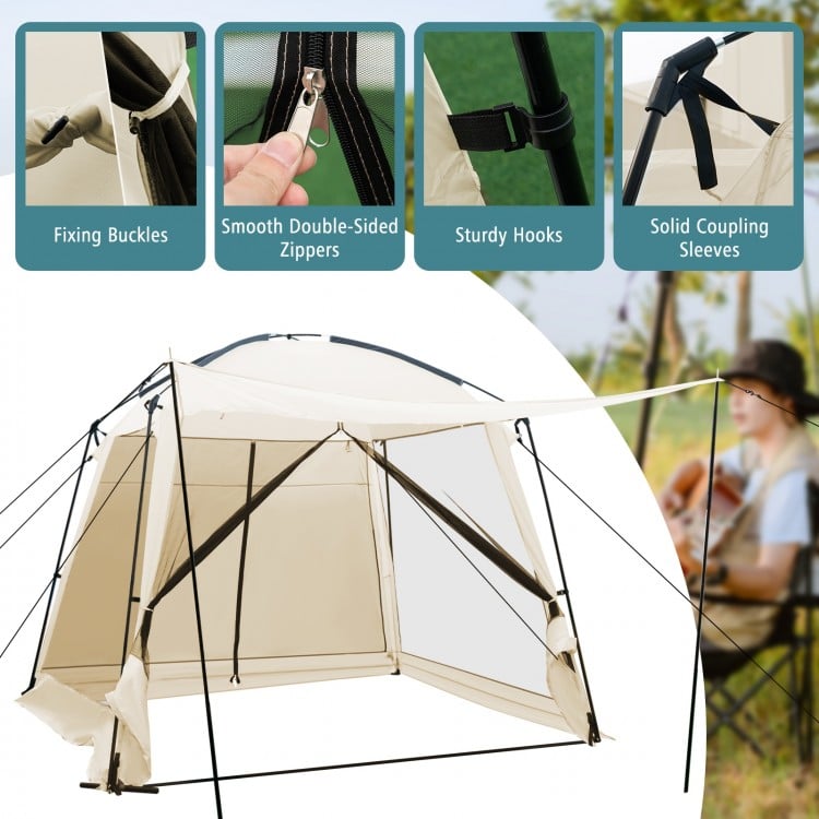 10 x 10 feet beige screened canopy tent with zippered door, ideal for camping and outdoor activities, accommodating 6-8.