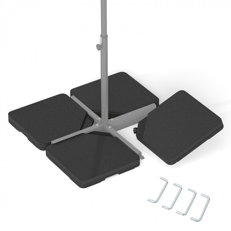 Patio offset umbrella base with four HDPE plates, easy-fill spouts, and metal hooks for stability and convenient.