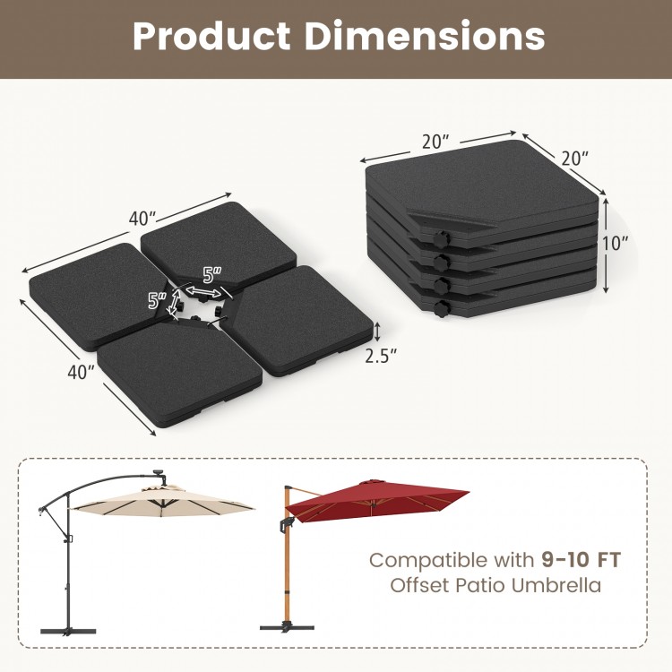 Patio Offset Umbrella Base with 4 HDPE plates, easy-fill spouts, and stackable design for stability and convenience.