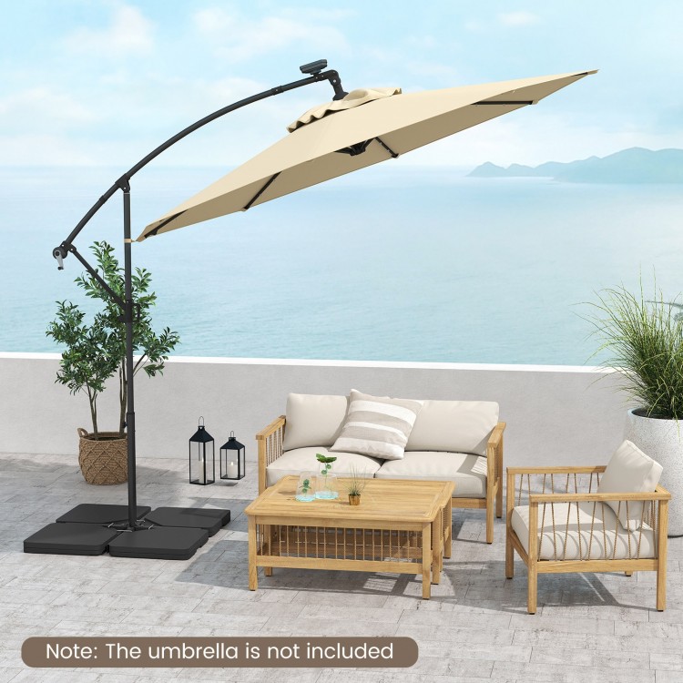 Patio offset umbrella base with four easy-fill spouts, designed for stability and convenient storage in outdoor.
