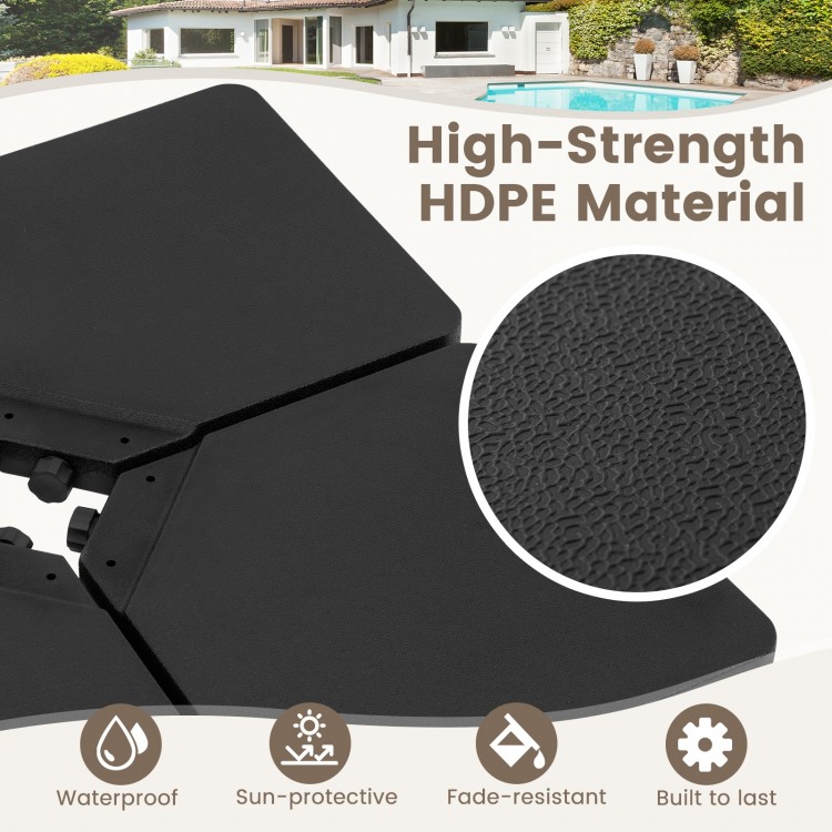 Patio offset umbrella base plates made of high-strength HDPE, featuring easy-fill spouts for stability and convenience.