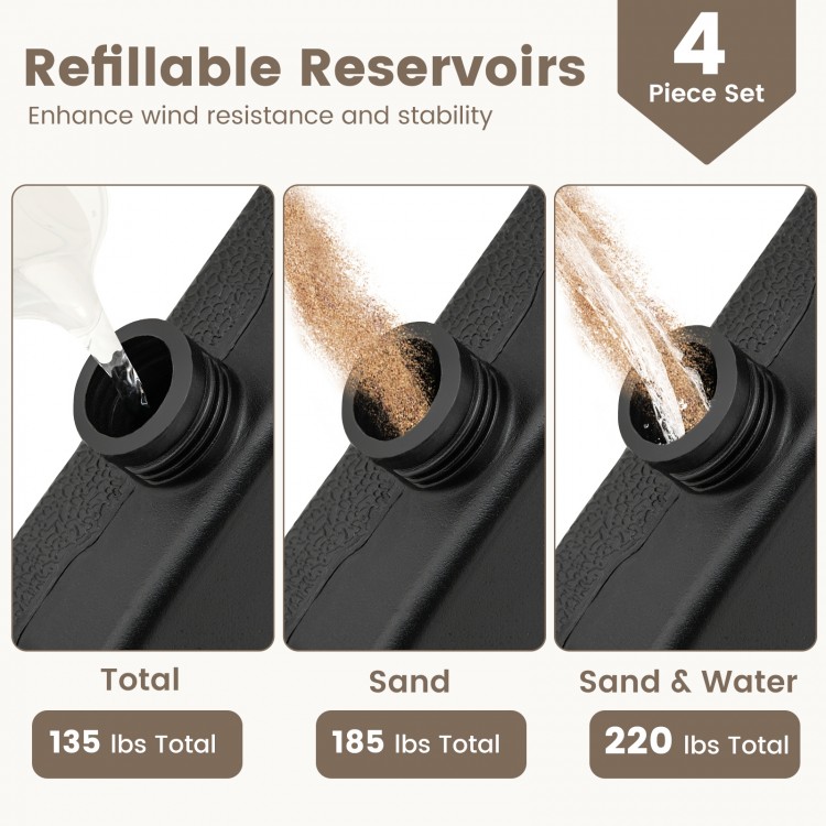 Patio offset umbrella base with easy-fill spouts, featuring 4 plates for stability with sand or water, ideal for.
