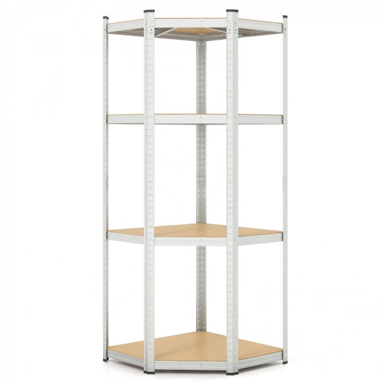 4-tier corner shelving unit with adjustable shelves, sturdy galvanized metal frame, ideal for garage and warehouse.