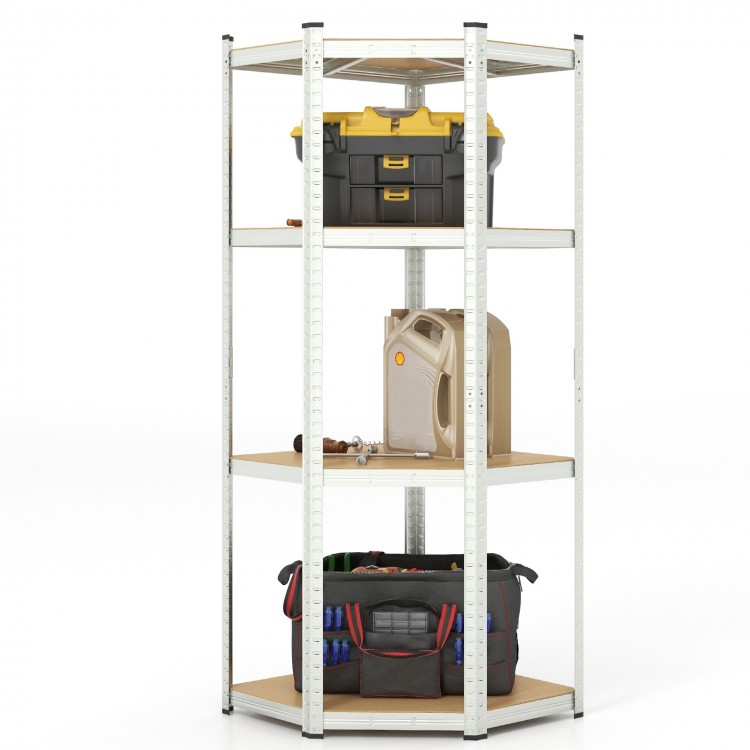 4-tier corner shelving unit with adjustable shelves, sturdy metal frame, ideal for garage and warehouse storage.