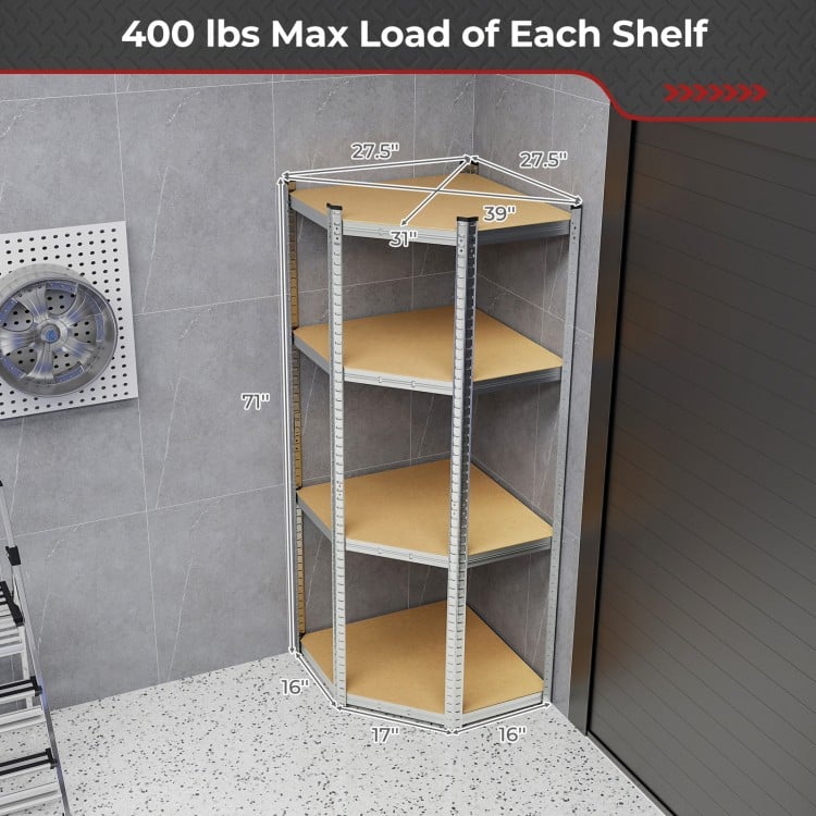 4-tier corner shelving unit showcasing dimensions and sturdy design, perfect for maximizing garage or warehouse storage.