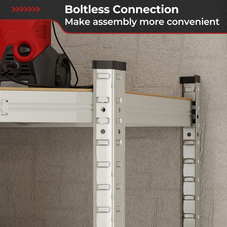 Corner shelving unit featuring a sturdy galvanized metal frame and boltless connection for easy assembly in garage.