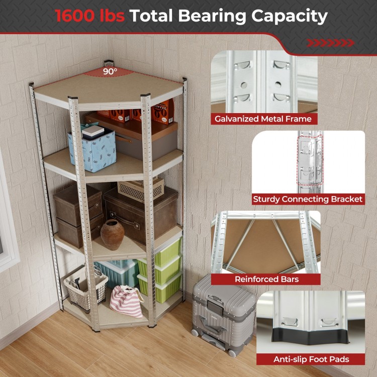 4-tier corner shelving unit with galvanized metal frame, adjustable shelves, and anti-slip foot pads for garage storage.