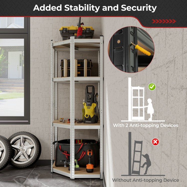 4-tier corner shelving unit with adjustable shelves and anti-toppling devices, ideal for garage and warehouse storage.