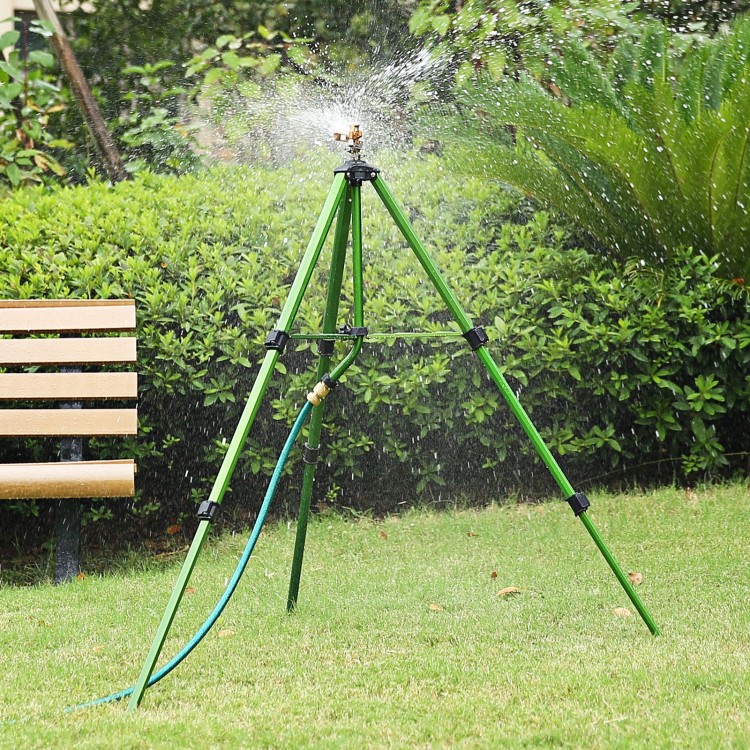 Adjustable impact sprinkler on tripod base, covering 36 to 44.6 ft, ideal for efficient garden watering and irrigation.