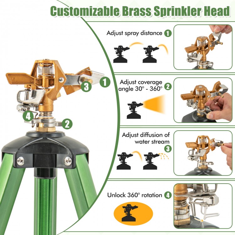 Brass impact sprinkler head on tripod base, adjustable height 22.5" to 47", covers 36 ft to 44.6 ft for efficient.
