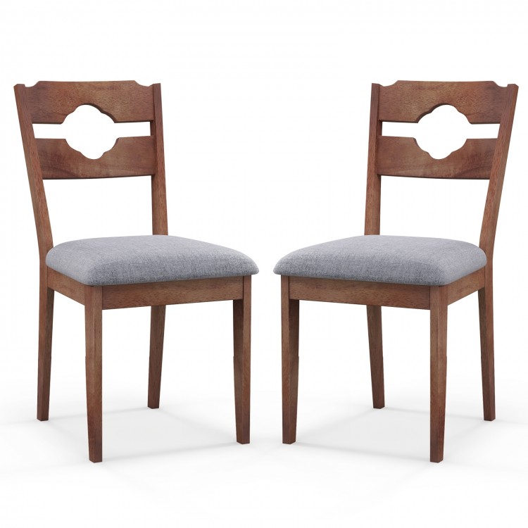 Set of 2 gray fabric upholstered dining chairs with natural rubber wood frame and ergonomic high backrest for comfort.