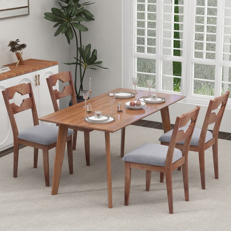 Set of 2 gray fabric upholstered dining chairs with padded seats and natural rubber wood frame for rustic farmhouse.