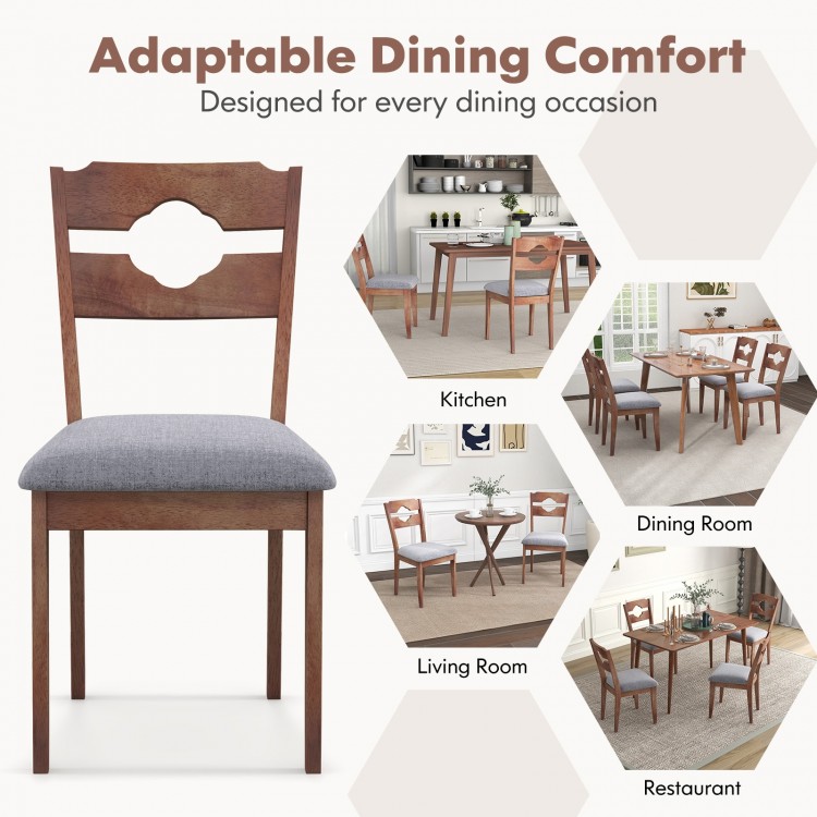 Dining chair with padded seat and high back in gray fabric, featuring a natural rubber wood frame for kitchen or dining.