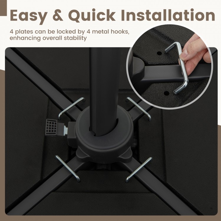 Patio offset umbrella base showing easy installation with 4 plates secured by metal hooks for enhanced stability.