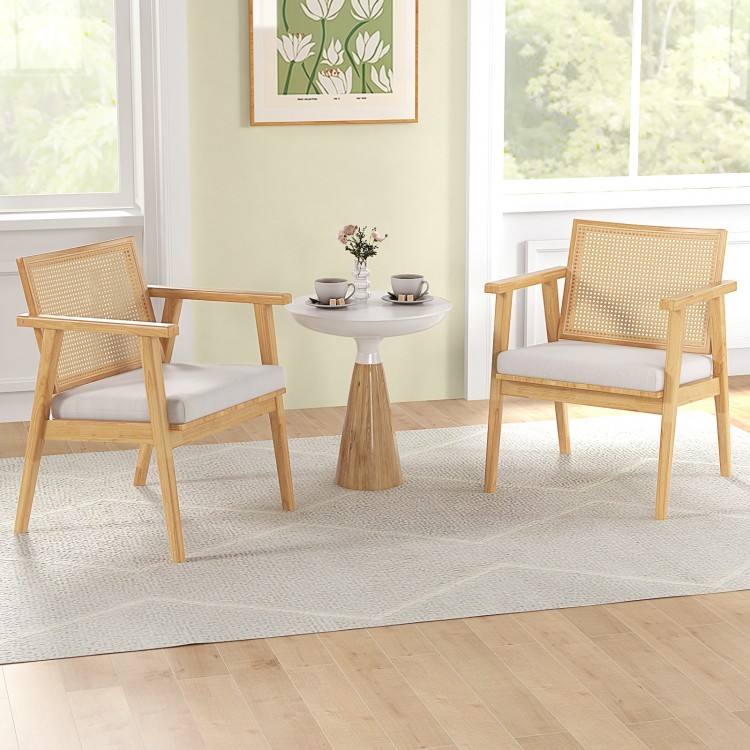 Mid-century modern accent chairs set of 2 with breathable rattan back and soft cushions, perfect for living room decor.