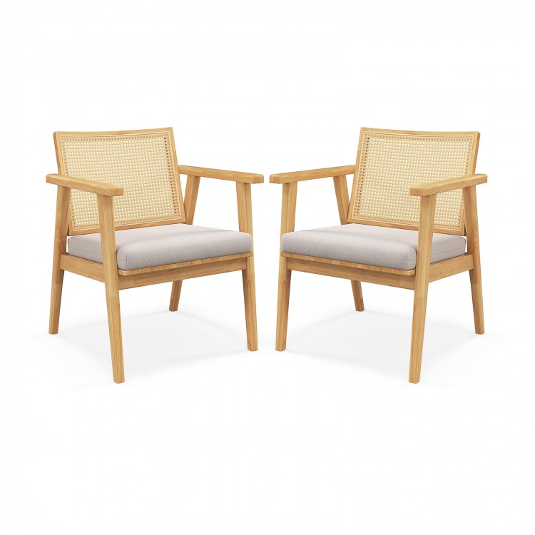 Set of 2 Mid Century Modern accent chairs with breathable rattan backs and soft cushions, perfect for living room decor.